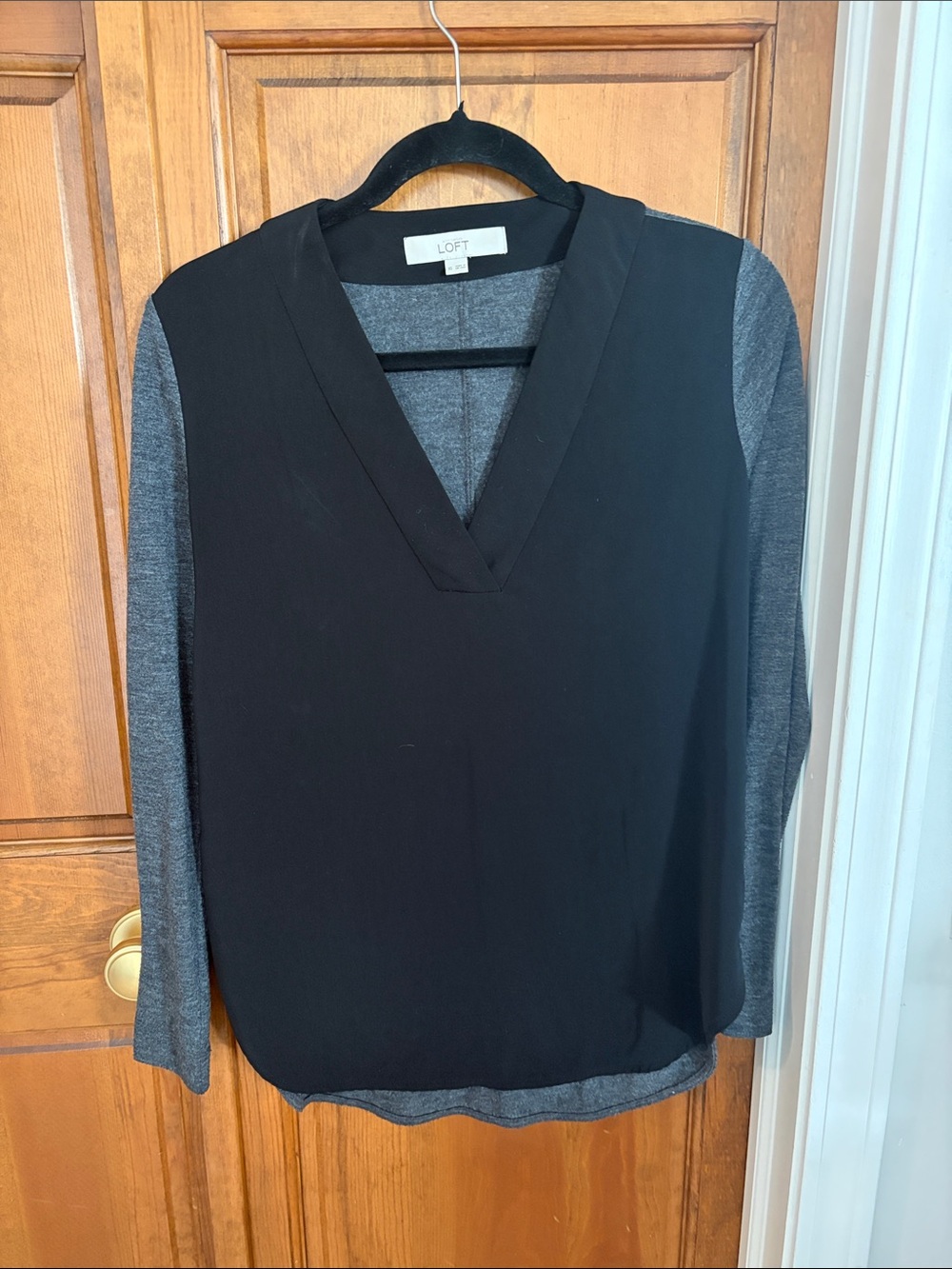LOFT Black Front with Gray Knit-Sleeve V-Neck Top
